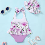 Infant Girl Swimsuit Baby Bathing Suit Set Purple One Piece Swimwear Bow Tie Flower Bikini 3-6 Months Baby Girl Swimsuit with Hat