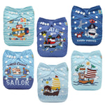 Set of six children's swim diapers with various ocean-themed designs on a white background.