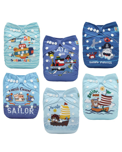 Set of six children's swim diapers with various ocean-themed designs on a white background.