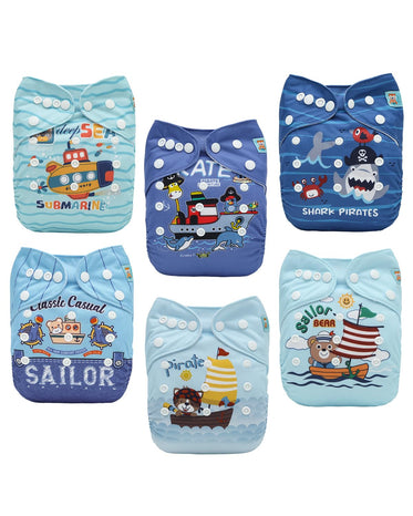 Set of six children's swim diapers with various ocean-themed designs on a white background.