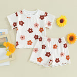 fhutpw Toddler Baby Girls Summer Outfits Daisy Ruffle Short Sleeve T-Shirts Tops Floral Shorts 2Pcs Clothes Set 6M-4T (B Floral White, 18-24 Months)