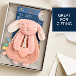 Itzy Ritzy - Itzy Lovey Including Teether - Baby Lovey with Teether, Textured Ribbons & Dangle Arms - Features Crinkle Sound, Sherpa Fabric and Minky Plush (Pink Bunny)
