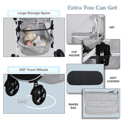 Kinder King 2 in 1 Convertible Baby Stroller, Folding High Landscape Infant Carriage, Newborn Reversible Bassinet Pram, Adjustable Canopy, Diaper Bag, Anti-Shock Toddler Pushchair Stroller, Light Grey