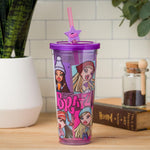 Silver Buffalo Bratz Dolls Featuring Cloe, Yasmin, Jade, and Sasha Pink and Purple Plastic Cold Cup with Lid and Straw Topper, 24 Ounces