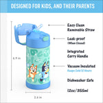 THERMOS FUNTAINER Water Bottle with Straw - 12 Ounce - Kids Stainless Steel Vacuum Insulated Water Bottle with Lid, Bluey