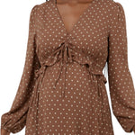 Motherhood Maternity Women's V-Neck Long Puff Sleeve Ruffle Midi Pregnancy Dress, Mocha/Vanilla Dot, Large