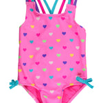 RuffleButts Girls UPF50+ Sun Protection Tie Shoulder/Cross Back One Piece Swimsuit - Neon Pink Colorful Hearts, 2T