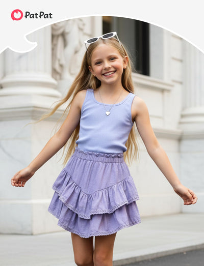 PATPAT Girls Skirt Sets Size 7-8, Purple Crop Tank Tops + Pleated Skirts with Built in Shorts 2 Piece Outfits, Tween Girls Trendy Clothes Y2K Outfits Streetwear