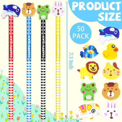 Etmact 50 Pack Cartoon Animal Pencil With Erasers Toppers,Number 2 Fun Pencils For Kids,Bulk Party Favor Supplies for Classroom Novelty Design Birthday Gift (Multicolor)