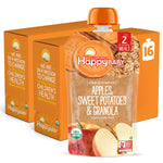 Happy Baby organic baby food packaging with apples, sweet potatoes, and granola on a white background