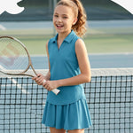 PATPAT Girls Tennis Outfits Size 9-10, Green Sleeveless Polo Shirts + Pleated Skirt with Built in Shorts 2 Piece Outfits Little Girls Clothes Dance Outfits Kids Activewear Sets