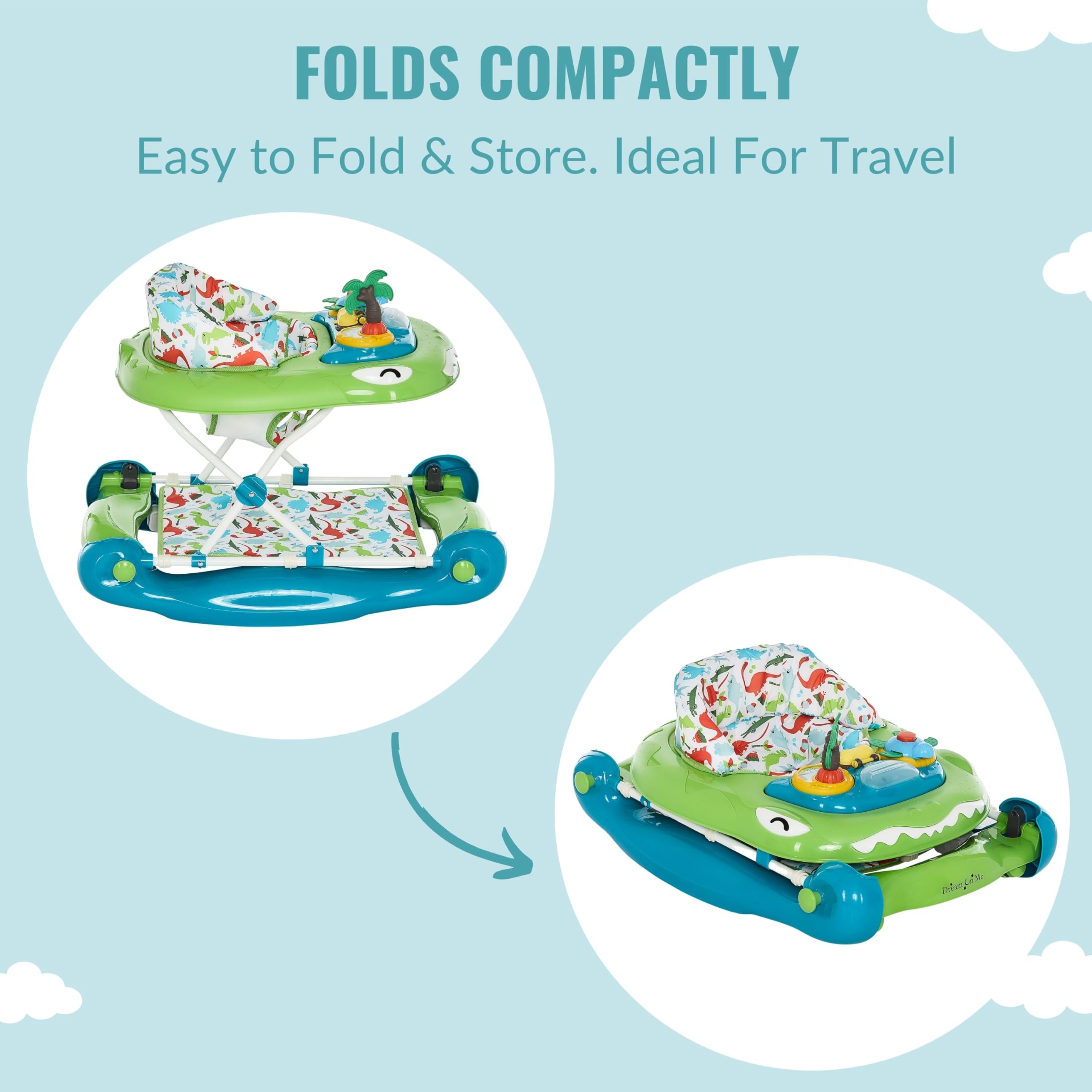 Dream On Me Baby Steps Baby Walker in Blue and Green, Adjustable Three Position Height Setting, Removable Tray, Easy to Fold and Store Baby Walker