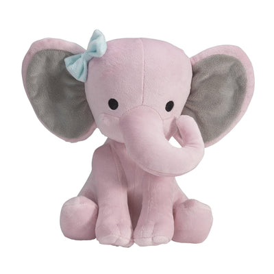 Pink plush elephant toy with a blue bow on a white background