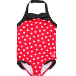 RuffleButts Girls UPF50+ Sun Protection Princess Sleeveless One Piece Swimsuit - Red Vintage Polka Halter, 3T