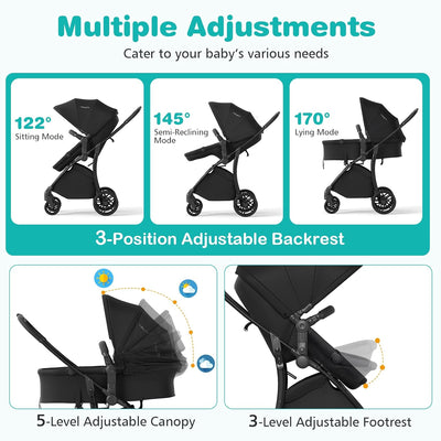 BABY JOY 2 in 1 Baby Stroller, High Landscape Convertible Bassinet Stroller with Reversible Seat, Adjustable Backrest & Canopy, Foldable Pushchair Pram Stroller for Newborn Toddler 0-36 Months (Black)