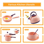 56Pcs Mini Play Kitchen Accessories for Kids, Pretend Cooking Playset with Cookware, Tableware & 2 Fruit Sets, Learning Gift for Girls, Boys, Toddlers, Pink
