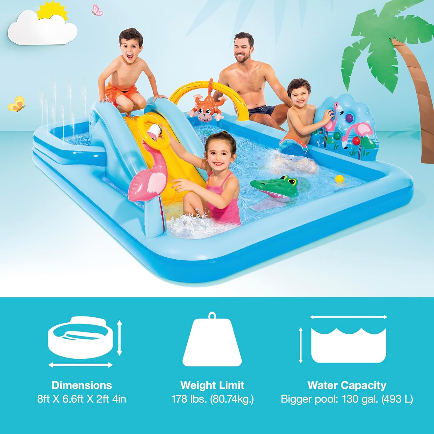 Intex 96" x 78" x 28" Inflatable Jungle Adventure Play Center Spray Kiddie Pool - Backyard Kids Water Slide, Outdoor Blow-Up Splash Pad for Toddlers