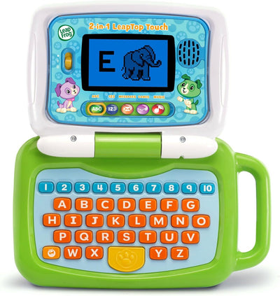Children's toy laptop with colorful keyboard and screen displaying educational content, brand 'LeapFrog' visible.