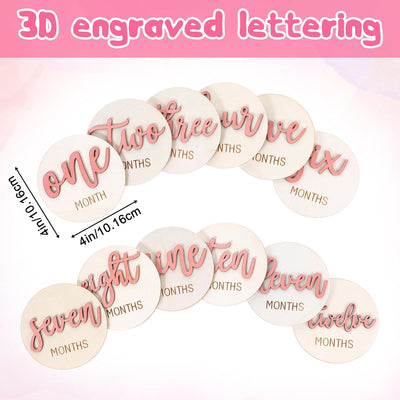 Hello World Newborn Sign Baby Milestone Signs, Newborn Milestone Age Wooden Cards from 1-12 Months, Baby Growth Cards, Double Sided Engraved Keepsake for Girls Photo Props
