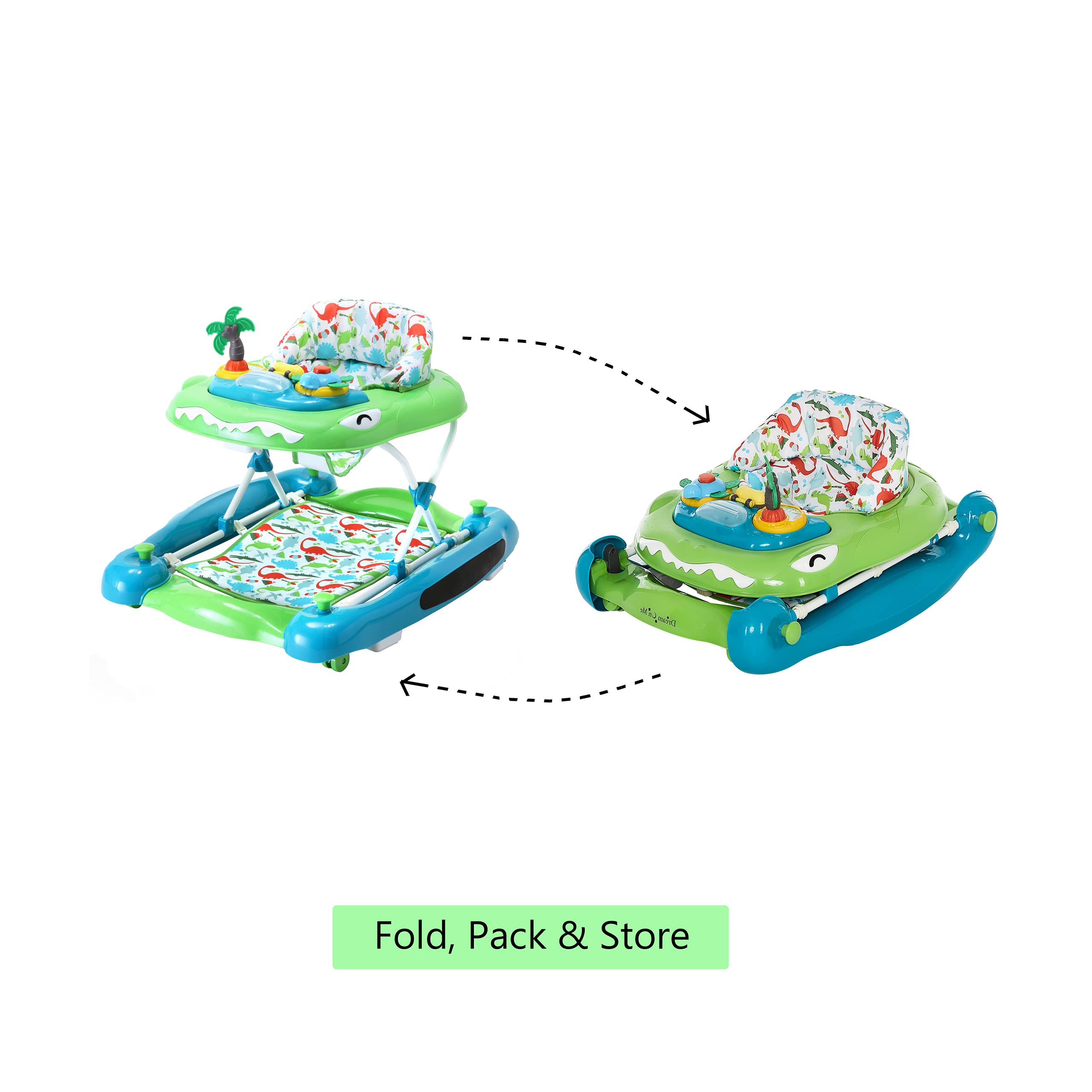 Dream On Me Baby Steps Baby Walker in Blue and Green, Adjustable Three Position Height Setting, Removable Tray, Easy to Fold and Store Baby Walker