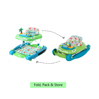 Dream On Me Baby Steps Baby Walker in Blue and Green, Adjustable Three Position Height Setting, Removable Tray, Easy to Fold and Store Baby Walker