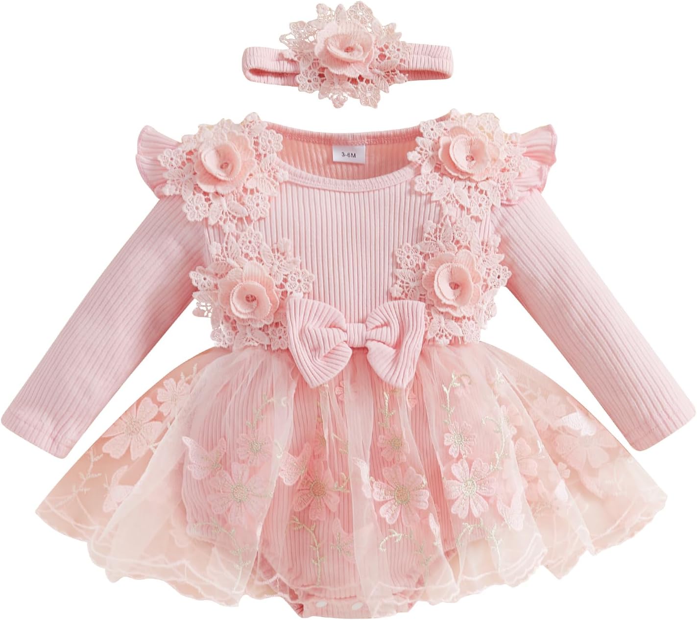 Baby Girl Romper Dress Baby Dress Romper Lace Flowers Infant Fall Winter Festival Clothes with Headband
