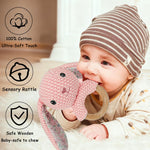 Pink Bunny Wooden Baby Rattle 2 PCS 10'' Rabbit Crochet Cotton Stuffed Animal Toys Set for Baby: Rabbit Plush Doll Toy and 5.9'' Baby Rattle Teddy Bear for Newborn Baby Shower Birthday Gift