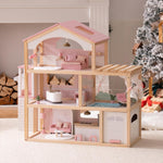 ROBUD Doll House, Wooden Dollhouse with 6 Rooms, 29-pcs Furniture Set, Working Elevator, Garage, Swimming Pool, Ideal Gift for Kids Ages 3+ (Pink)