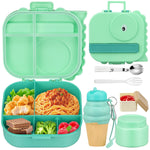 Aimsnk Magical Dinosaur Kids Lunch Box Set -12oz Insulated Food Jar, Leakproof Lunch Food Containers Cutlery, Leak-Proof Sauce Cup & Spoon, Gradient Green+Jar Green