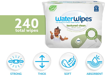 WaterWipes Plastic-Free Textured Clean, Toddler & Baby Wipes, 99.9% Water Based Wipes, Unscented & Hypoallergenic for Sensitive Skin, 60 Count (Pack of 4), Packaging May Vary