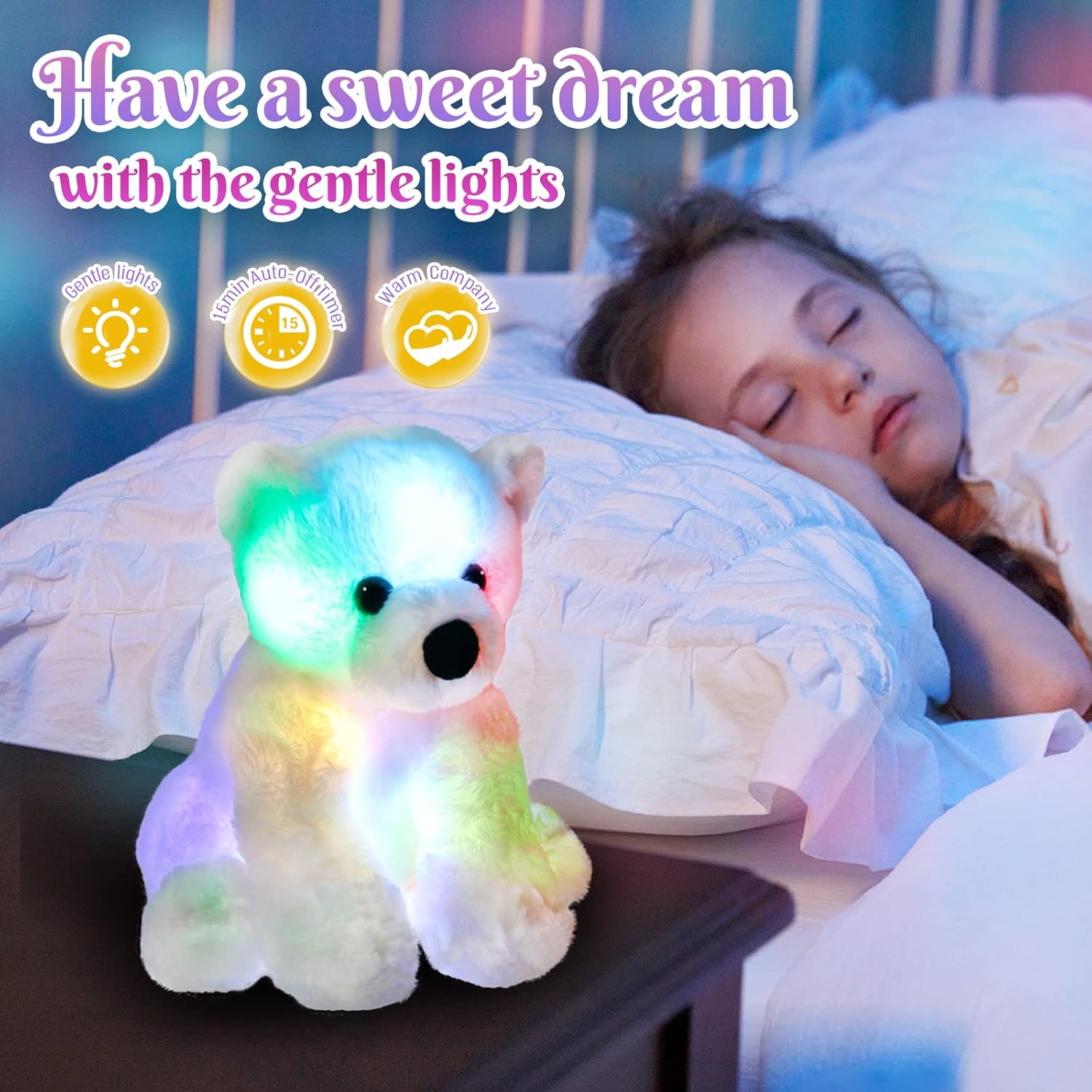 BSTAOFY Glow Polar Bear Light up Stuffed Animal LED Night Light Soft Plush Toy Adorable Birthday Valentines Mother's Children's Day for Toddler Kids, White, 9.5''