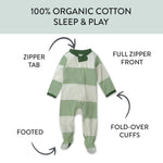 HonestBaby Sleep and Play Footed Pajamas One-Piece Sleeper Jumpsuit Zip-front PJs Organic Cotton for Baby Boys, Unisex, Bold Stripe Moss, Newborn