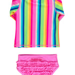 RuffleButts Baby/Toddler Girls Long Sleeve Rash Guard 2 Piece Swimsuit Set w/UPF 50+ Sun Protection with Zipper - Neon Rainbow Stripe, 2T