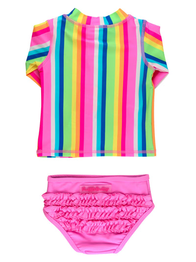 RuffleButts Baby/Toddler Girls Long Sleeve Rash Guard 2 Piece Swimsuit Set w/UPF 50+ Sun Protection with Zipper - Neon Rainbow Stripe, 2T