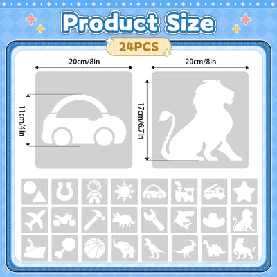 24PCS Stencils for Kids, 8 inches Large Stencils for Painting Crafts Reusable Stencil Washable Drawing Primary Shape Stencil Template for Paper Fabric Wall