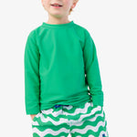 RUGGEDBUTTS Boys UPF50+ Stretch Neon Swim Trunks - Bright Green Wavy Stripe, 3-6m