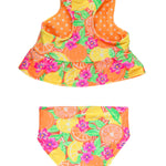 RuffleButts Baby/Toddler Girls UPF50+ Sun Protected Reversible Peplum 2 Piece Sleeveless Tankini - Neon Squeeze The Day, 2T