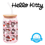 Silver Buffalo Sanrio Hello Kitty and Friends Halloween Spooky Costumes Ghost Witch Vampire Zombie Frankenstein Skeleton Pink Glass Jar Tumbler with Bamboo Lid and Glass Straw, 16 Ounces