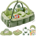 5-in-1 Plush Baby Play Gym & Activity Mat, Baby Play Mats, Baby Gym with Convertible Design, Tummy Time Mat with Pillow, 6 Sensory Toys for Newborn to Toddler, Grey