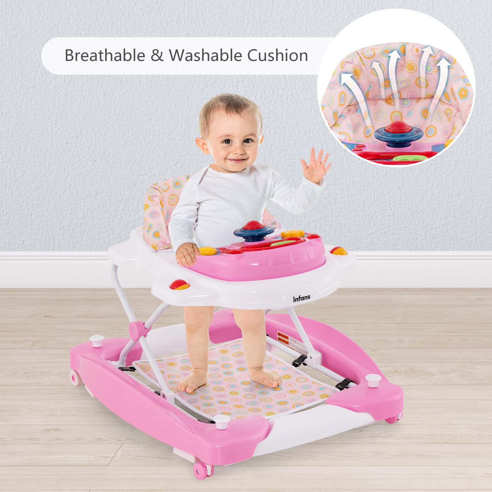 INFANS Baby Walker, 5 in 1 Behind Walker Learning Seated Rocker Bouncer with Removable Music Tray, Adjustable Height, Washable Seat Cushion, Foldable Activity Center for Toddlers (Pink)