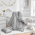 3 Pieces Crib Bedding Set Baby Ruffle Quilted Comforter with Fitted Sheet and Pillowcase - Cute Ruffled Shabby Chic Bedding Soft Blanket Design Gray