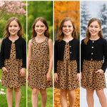 PATPAT Toddler to Big Kid Cotton Dress with Matching Cardigan – Ideal for Seasonal Wear, Black Leopard, 5-6 Years