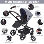 Stroller for Newborn, Convertible Baby Pram with Reversible Seat and One-Hand Fold, High Landscape Toddler Infant Pushchair with Storage Basket, Adjustable Footrest & Canopy, UPF 50+ Canopy (Grey)