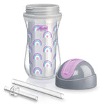 Chicco Insulated Straw Sippy Cup 12+ Months, 9oz Toddler Training Cup with Spill-Free Flip-Top Lid, BPA-Free 2-Pack, Silver/Purple Rainbow