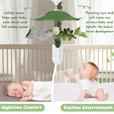 PIIKAGO Dinosaur Crib Mobile – Grey and Green Dino Baby Crib Mobile with 3-Mode Music Box, Jurassic Dreams Baby Mobile for Boys & Girls, Nursery Mobiles, Fits Standard Cribs