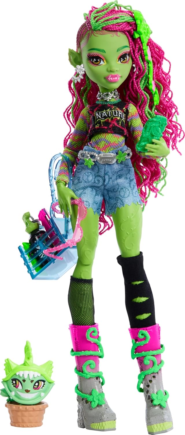 Monster High Venus McFlytrap Doll, Plant Monster with Pet Cat Chewlian & Accessories Like Backpack, Notebook, Snacks & More