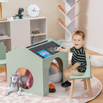 Costzon Kids Table and Chairs, 3 Pieces Wooden Art Table Set w/Chalkboards for Children Activity, Crafts, Reading, Drawing, Space-Saving Design, House-Shaped Toddler Table and Chair Set (Green)