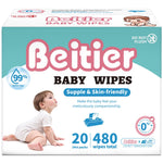Beitier Baby Wipes, Unscented Wet Wipes 480 Count, 99.9% Water Wipes, Thick and Soft, Gentle for Sensitive Skin, Perfect for babies and adults on the go (24 Pack)