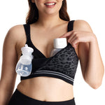 Momcozy Seamless Pumping Bra Hands Free, Fixed Padding Hands-Free Pumping & Nursing Bra, Wireless Comfort Pumping Bra Leopard Black