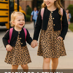 PATPAT Toddler to Big Kid Cotton Dress with Matching Cardigan – Ideal for Seasonal Wear, Black Leopard, 5-6 Years
